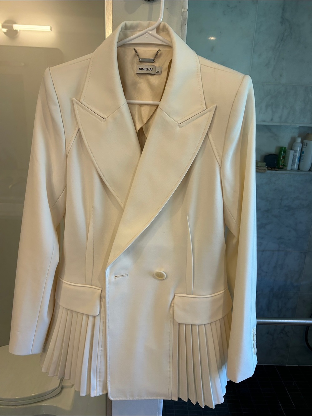 SIMKHAI Ivory Pleated Hem Double-Breasted Blazer Jacket